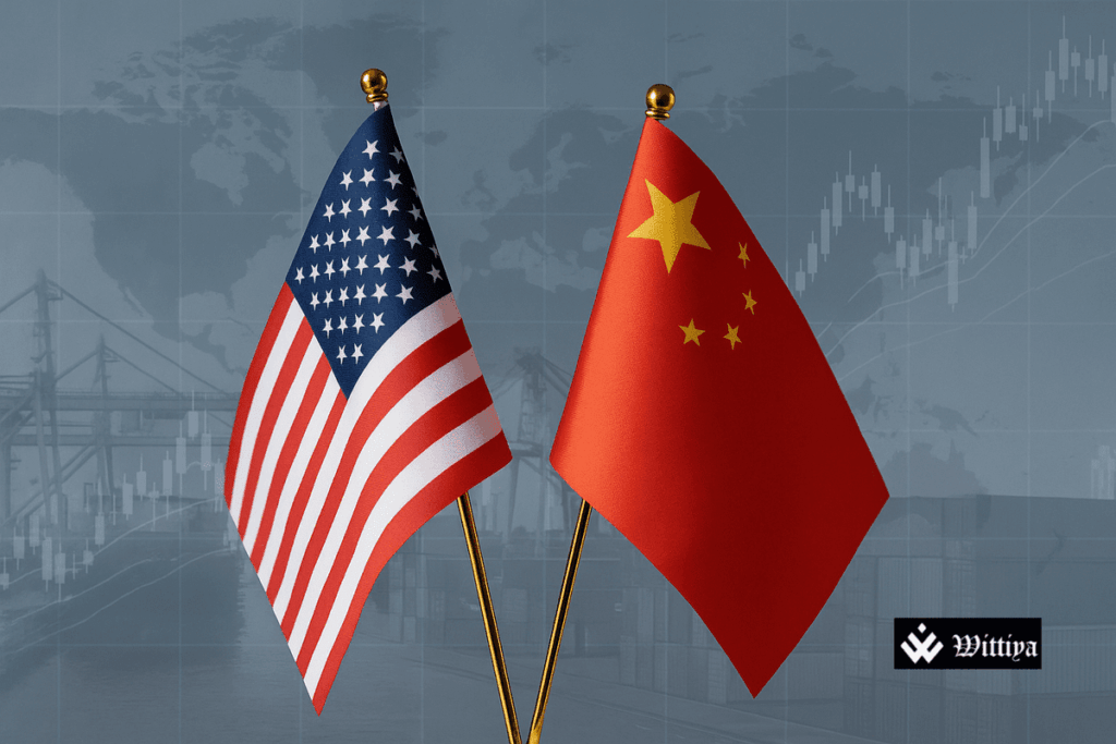 US and China flags with tariff reduction percentages, symbolizing the 90-day trade truce in May 2025