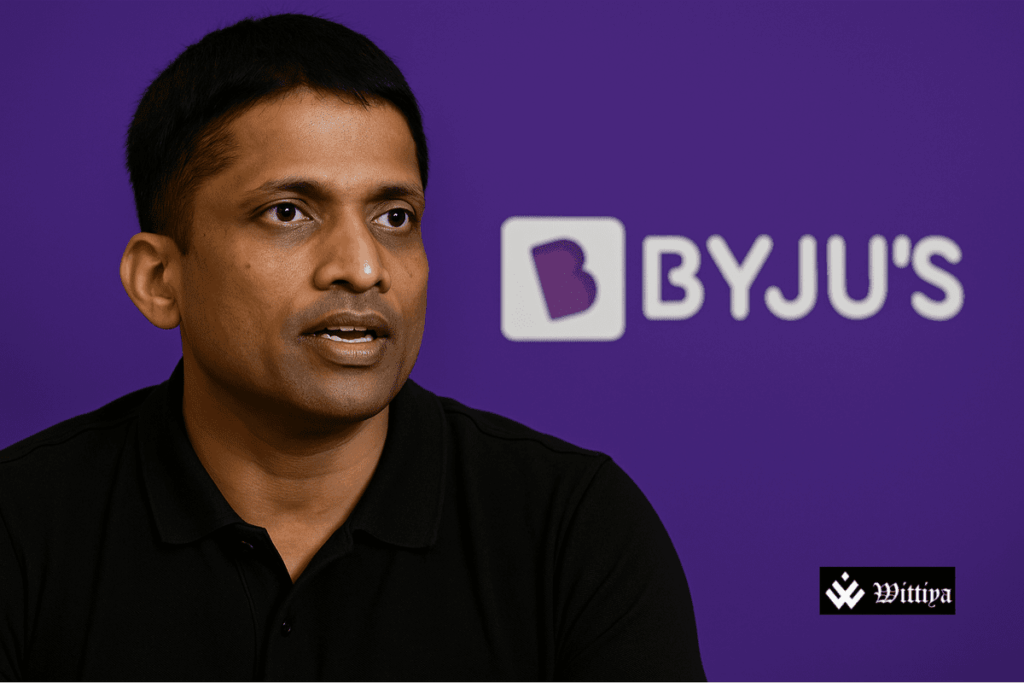 Byju’s logo with financial decline and controversy background