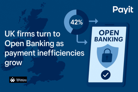 UK business professionals using smartphones and laptops for open banking