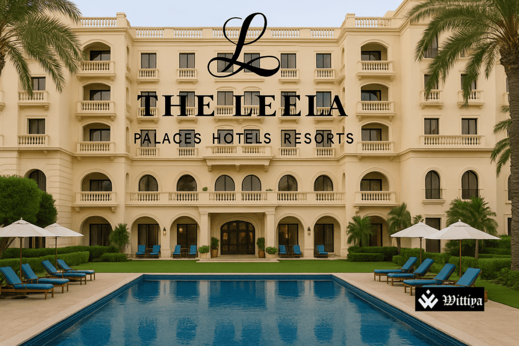 Leela Palace hotel facade with banners announcing IPO launch