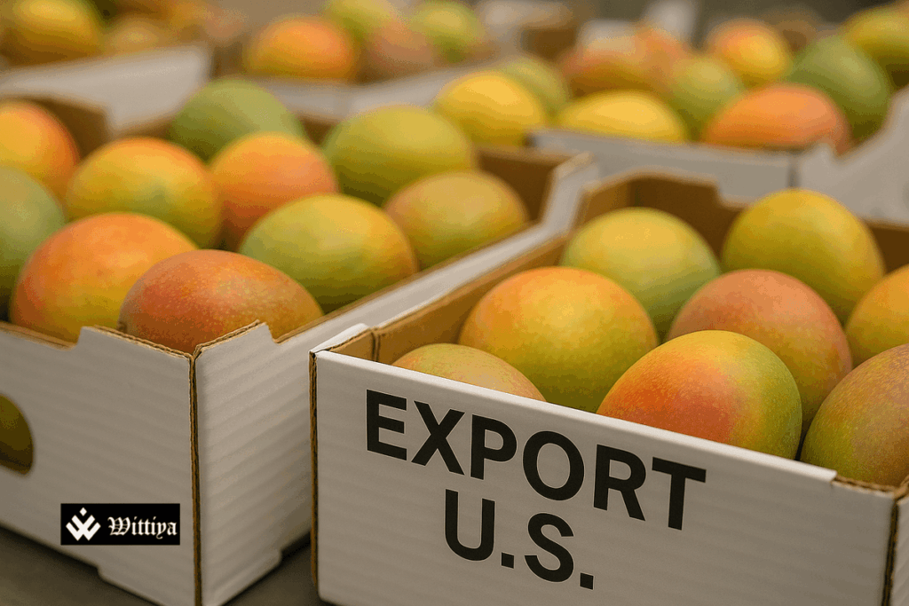 US officials inspecting crates of imported mangoes at customs facility