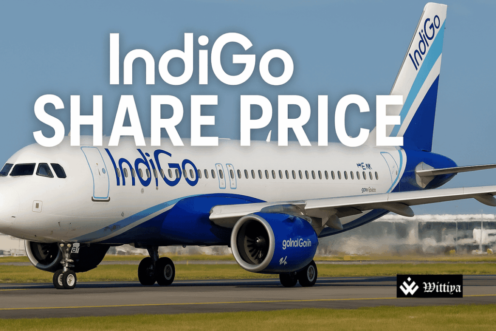 IndiGo airplane flying against clear sky with stock market chart overlay