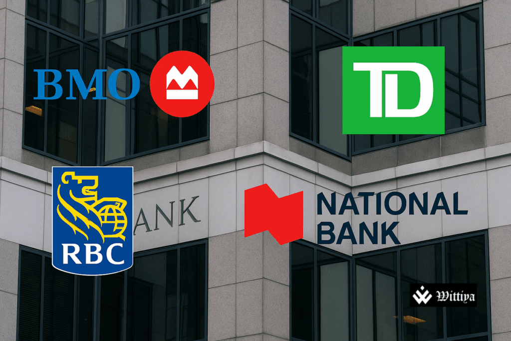 Buildings of Canada’s Big Six banks with financial charts showing increased loan loss reserves