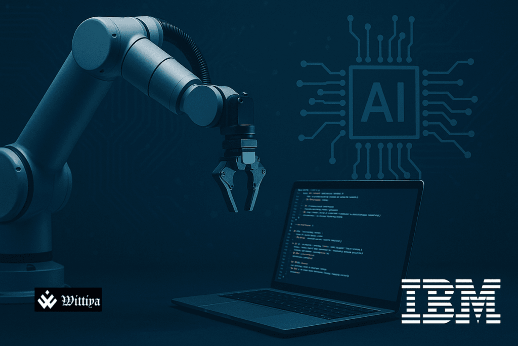 IBM headquarters with artificial intelligence icons overlay