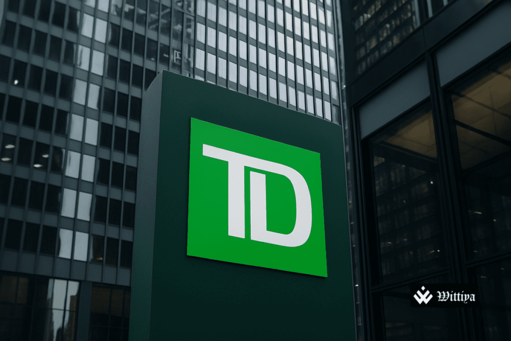 TD Bank headquarters with stock market performance charts
