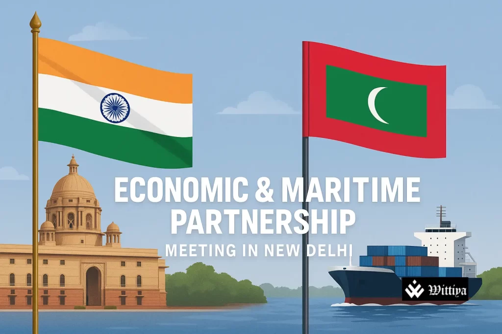 3D rendering of Indian and Maldivian flags intertwined over a map of the Indian Ocean, symbolizing strengthened bilateral relations.