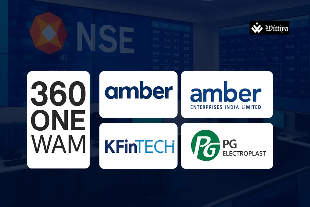 Logos of 360 One WAM, Amber Enterprises, KFin Technologies, and PG Electroplast overlaid on a 3D rendering of a stock market graph and trading interface.