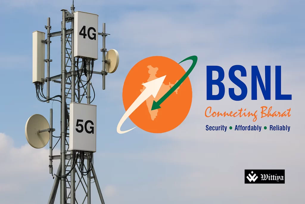 BSNL telecom towers and executives celebrating consecutive profits after years