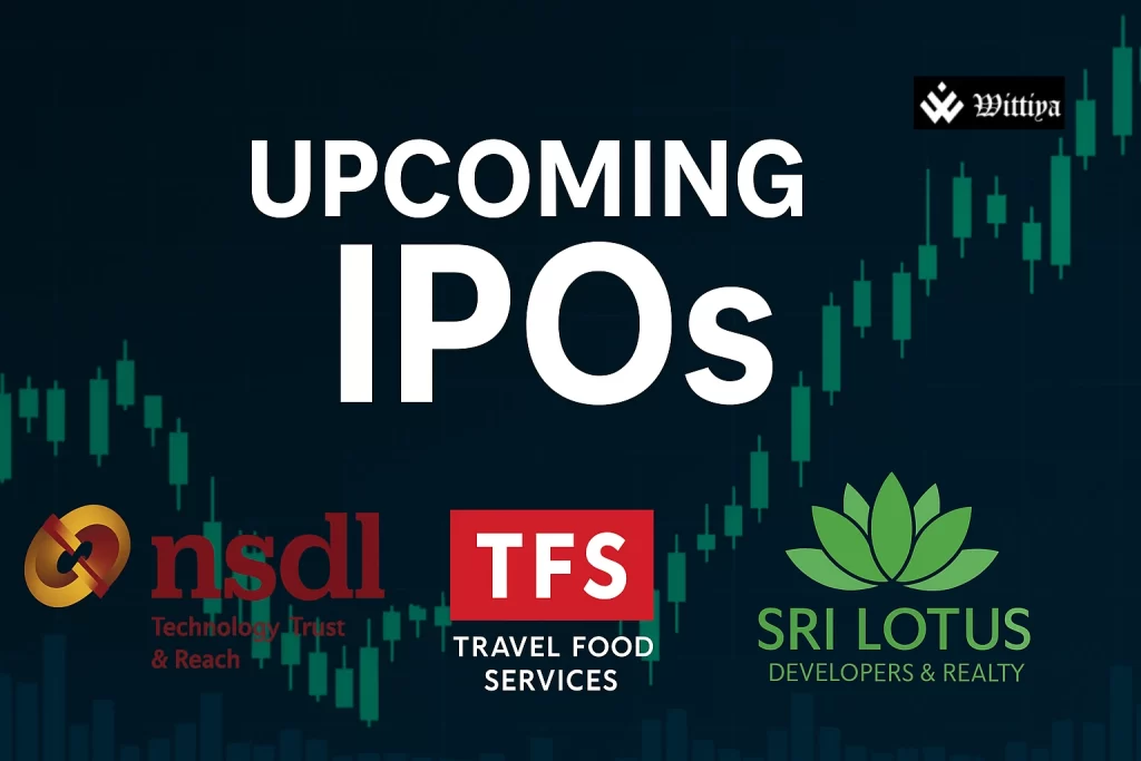 Logos of NSDL, Travel Food Services, and Sri Lotus Developers overlaid on a 3D rendering of a stock market graph and IPO documents.