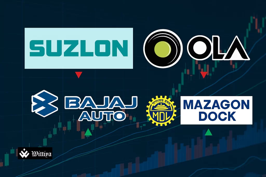 Mazagon Dock's stock reaches 52-week high of ₹3,775, while Suzlon and Ola Electric shares decline ahead of earnings reports