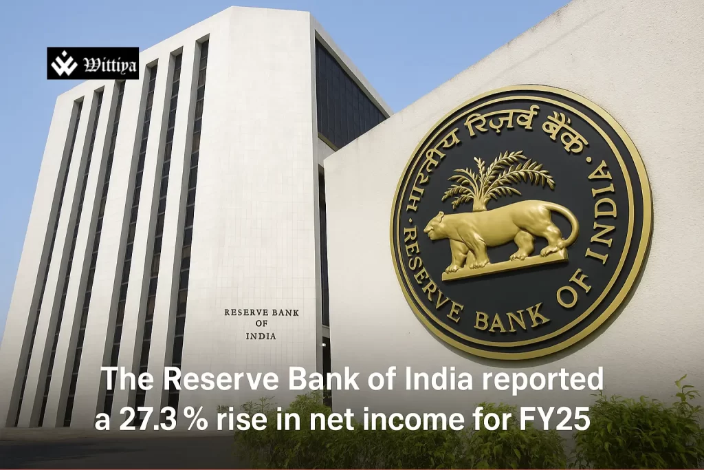Reserve Bank of India (RBI) logo overlaid on a backdrop of rising gold bars, foreign currency assets, and a graph depicting the 27% increase in net income for FY25.
