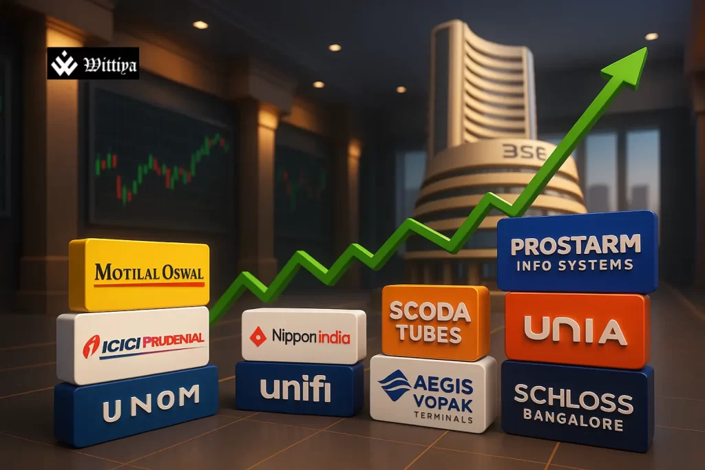 3D rendering of the Bombay Stock Exchange building with ascending stock market graphs and investor silhouettes celebrating gains.