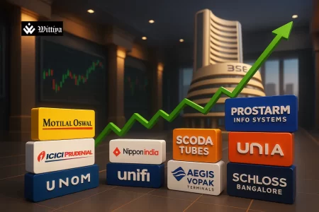 3D rendering of the Bombay Stock Exchange building with ascending stock market graphs and investor silhouettes celebrating gains.