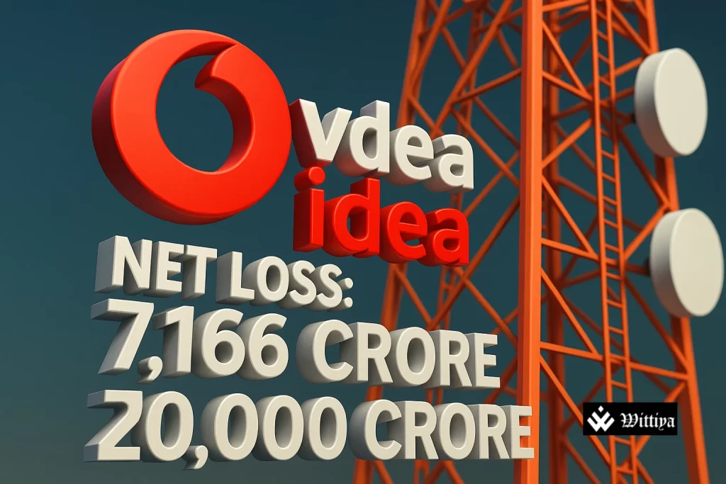 Vodafone Idea logo overlaid on a 3D rendering of a telecom tower and stock market graph, symbolizing financial recovery.