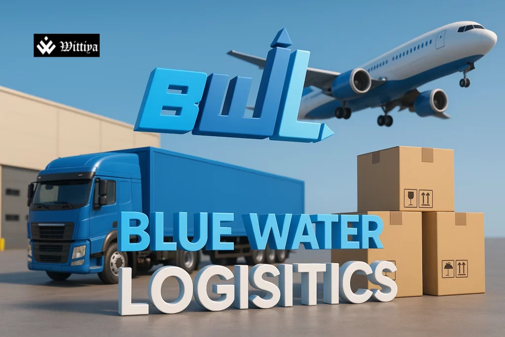 Blue Water Logistics logo overlaid on a 3D rendering of shipping containers and cargo ships, symbolizing the company's logistics operations.