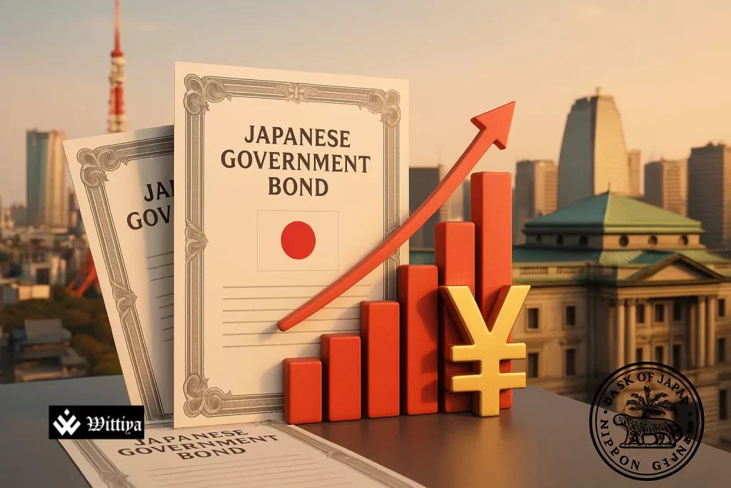Tokyo stock exchange screen showing rising bond yields as investors increase demand for Japan's 10-year government bonds