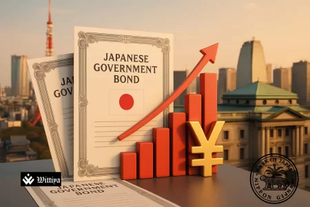 Tokyo stock exchange screen showing rising bond yields as investors increase demand for Japan's 10-year government bonds