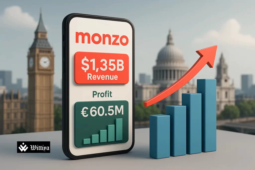 Monzo Bank headquarters in London with digital banking interface showcasing growth metrics