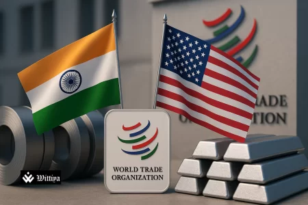 Flags of India and the USA with steel coils in the background symbolizing trade dispute over tariffs