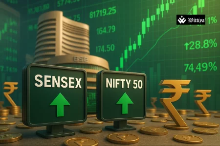 Indian stock traders monitor surging Sensex and Nifty indices amid a $48 billion market capitalization increase.
