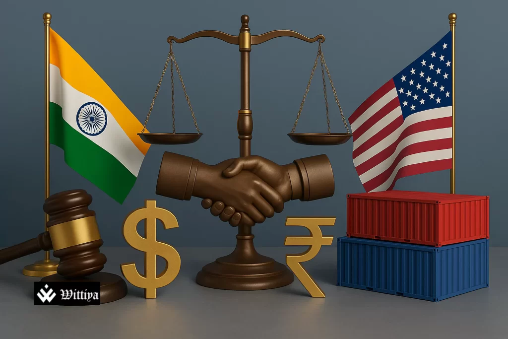 Scales of justice overlaid on India-US trade symbols, representing legal decisions impacting bilateral trade relations.