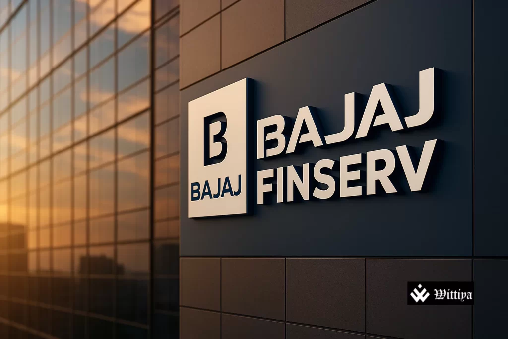 Bajaj Finance logo with stock chart background highlighting stock split and bonus issue