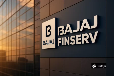 Bajaj Finance logo with stock chart background highlighting stock split and bonus issue
