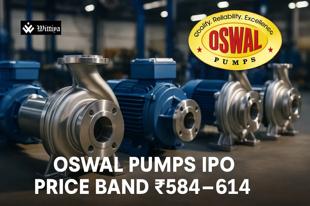 Oswal Pumps logo and application form with IPO price band ₹584–₹614 per share