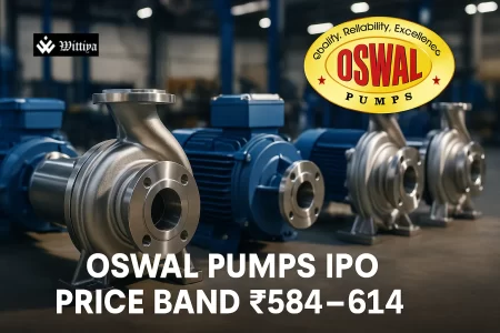 Oswal Pumps logo and application form with IPO price band ₹584–₹614 per share