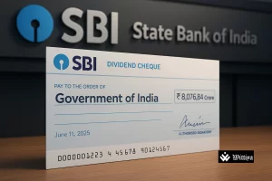 SBI Chairman C S Setty presenting ₹8,076.84 cr dividend cheque to Finance Minister Nirmala Sitharaman