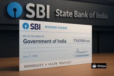 SBI Chairman C S Setty presenting ₹8,076.84 cr dividend cheque to Finance Minister Nirmala Sitharaman