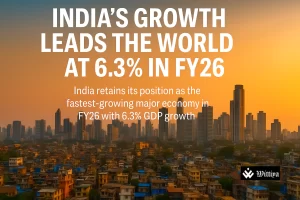 Blooming city skyline and rising growth chart symbolizing India as fastest‑growing major economy