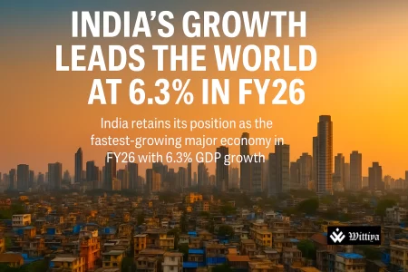 Blooming city skyline and rising growth chart symbolizing India as fastest‑growing major economy