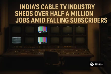 Abandoned cable TV cables dangling in a residential street symbolizing collapse of cable empire