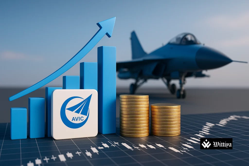 AVIC Chengdu Aircraft industrial plant with stock charts overlay showing 15% jump in share price