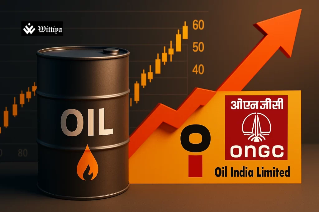 Oil rig blazing with flame flare and ONGC & Oil India Bank stock charts overlay
