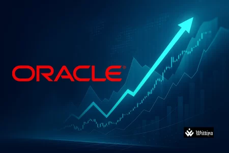 Larry Ellison portrait overlaid with a rising wealth graph surpassing Mark Zuckerberg’s estimated net worth
