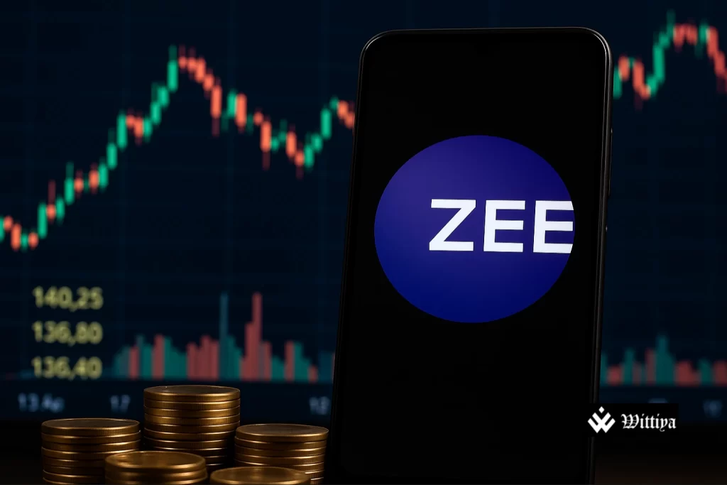 Zee Entertainment headquarters with rising stock chart, reflecting capital infusion approval