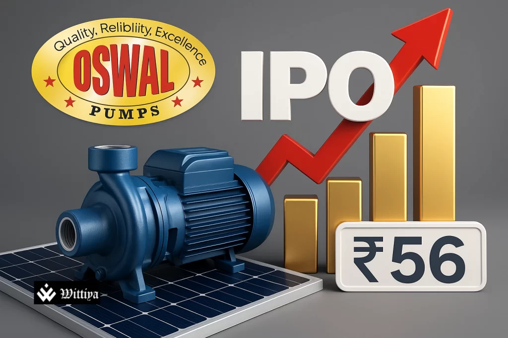 Oswal Pumps logo with stock market chart and ₹1,387 crore IPO highlights