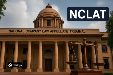 NCLT courtroom building with legal documents and insolvency investigation graphics