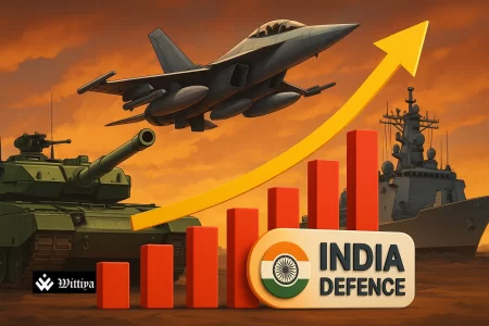 Rising stock chart overlaid on Indian defense manufacturing visuals like missiles and tanks
