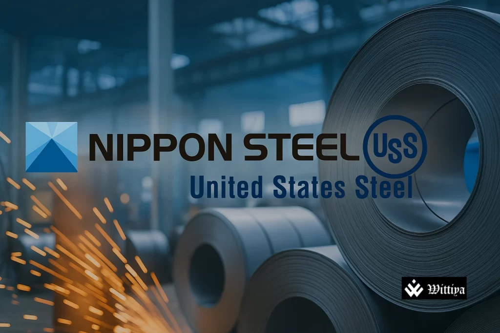 Nippon Steel and US Steel logos merged over steel plant background, symbolizing global alliance