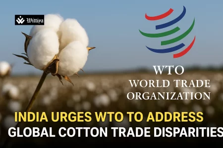 Indian cotton bales and WTO headquarters symbolizing trade dispute