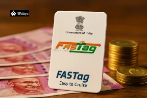 FASTag-enabled car at an Indian toll plaza under new annual pass system