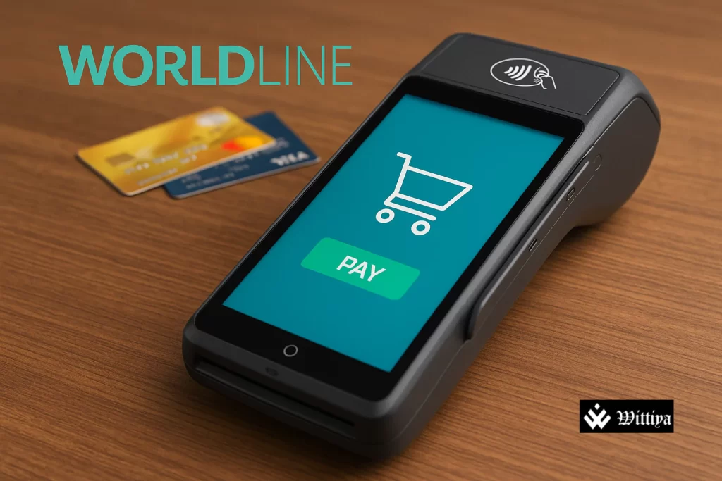 Close‑up of Worldline SmartPOS payment terminal with Swiss branding