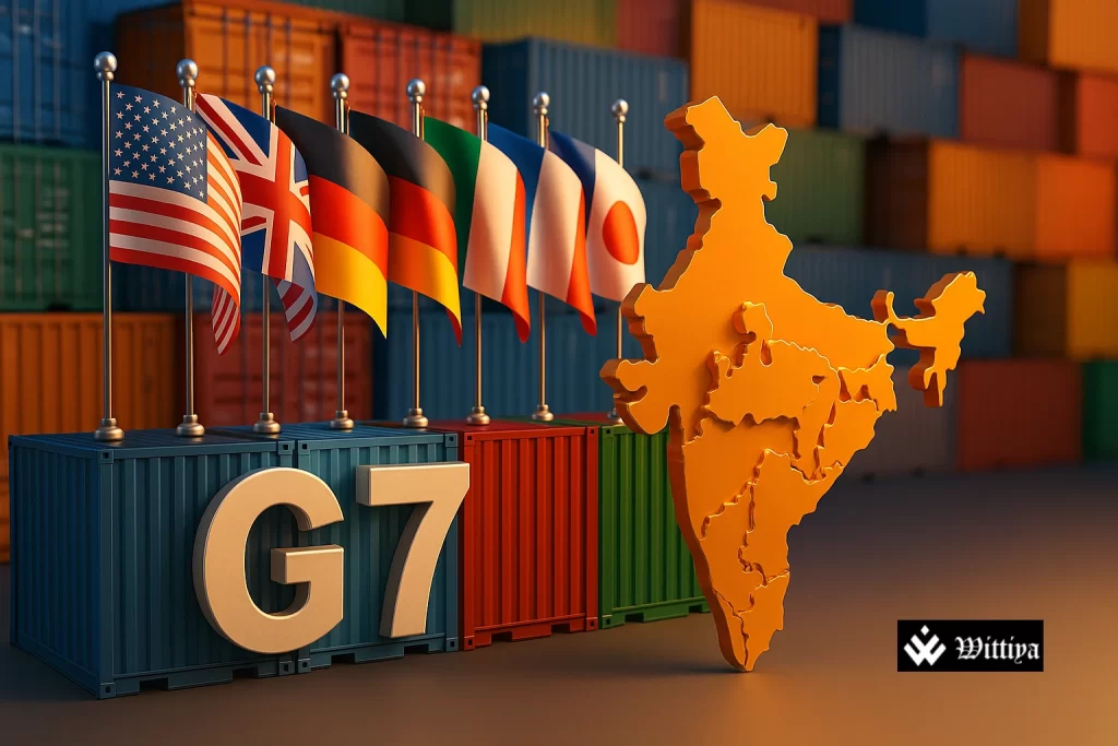 Indian and G7 trade officials shaking hands at summit showcasing export partnership