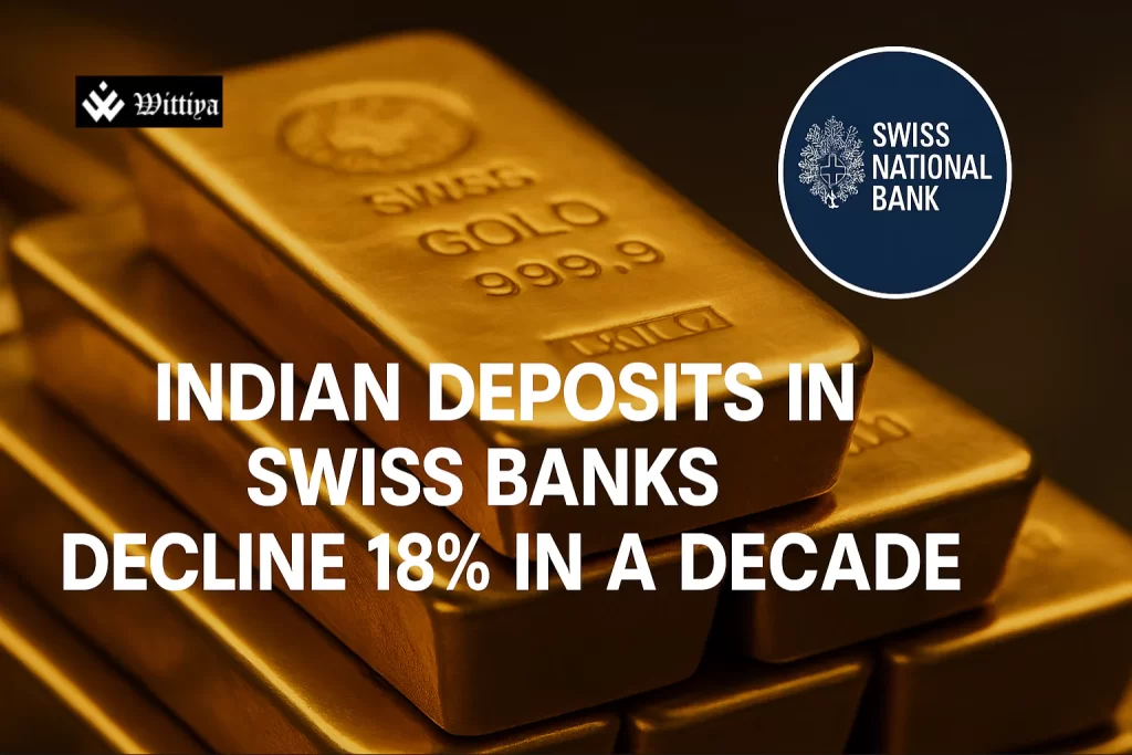 Indian currency notes and Swiss bank building concept