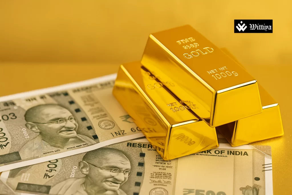 Gold bars with fluctuating price chart reflecting global tensions and ceasefire signals