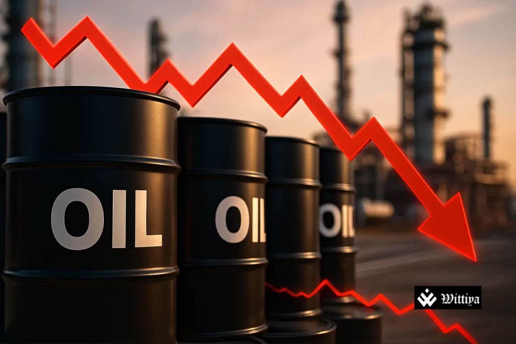 Oil barrels and declining price chart reflecting 5% market drop after Middle East tension eases