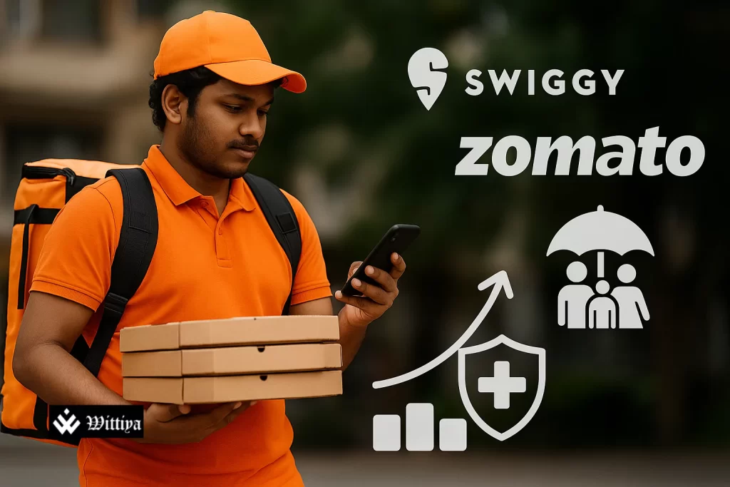 Gig workers in India—riders and delivery agents—using smartphones under new expanded insurance coverage